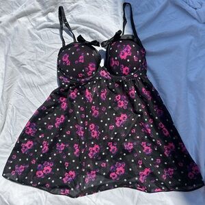 Black and Pink Floral babydoll lingerie top with bows